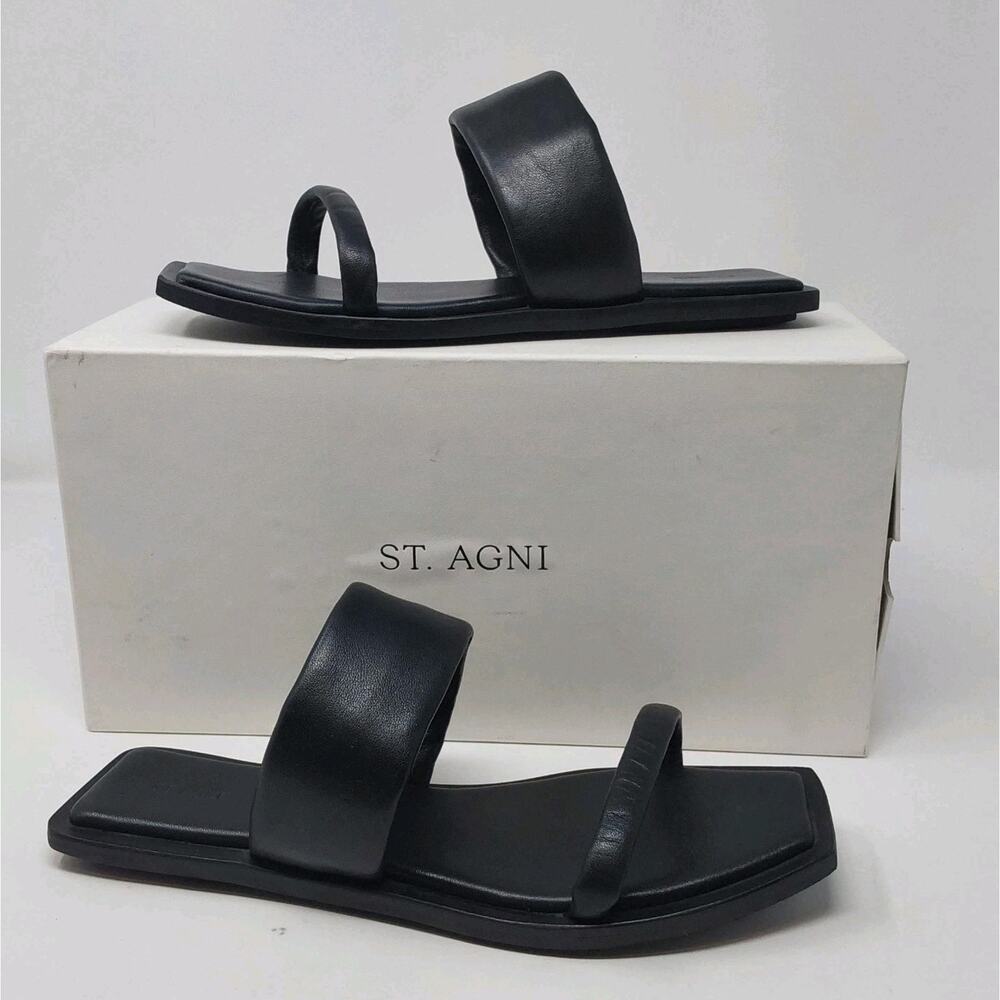 St. Agni Resort Slide Sandals Black Leather Square Toe Womens EU 39 US 8